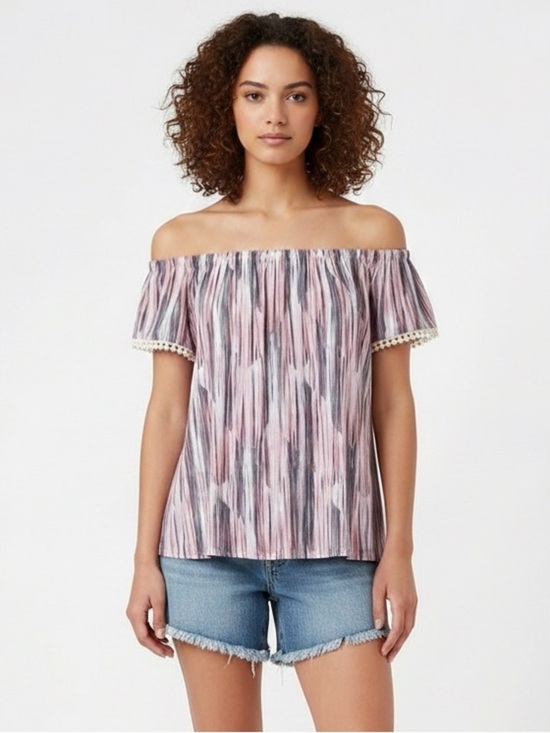 Lush Tops - LUSH | Off the Shoulder Striped & Embroidered Pom Poms Blouse Size Large